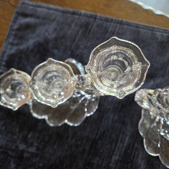 Elegant  "Caprice" Cambridge Glass Cascading Swirl 3 Lite Candle Holder Pair - Picture 5 of 10
